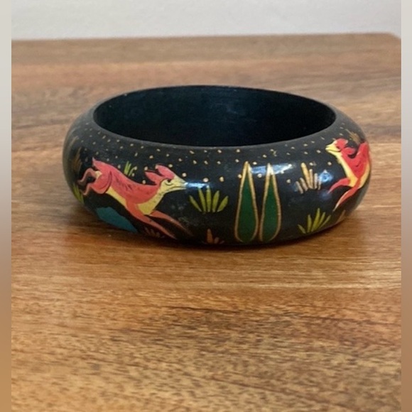 Vintage Jewelry - FINAL PRICE $10 VTG Wooden Folklore Fox Painted Cuff Bracelet